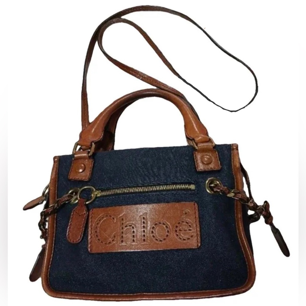 Chloe Harley Logo Dark Denim Blue and Leather Trim Crossbody Shoulder Bag